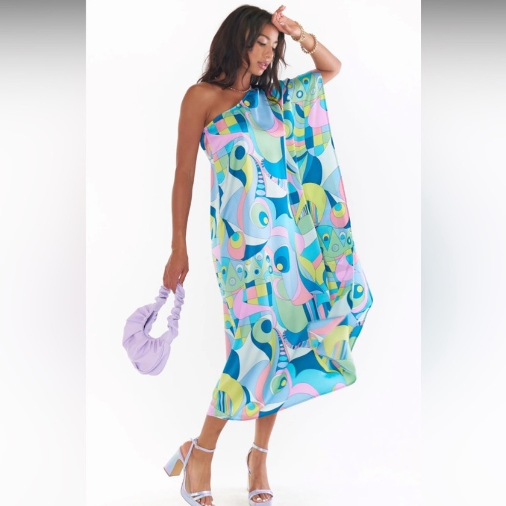 Show Me Your MuMu One-Shoulder Abstract Print Dress in Blue, Green, Pink